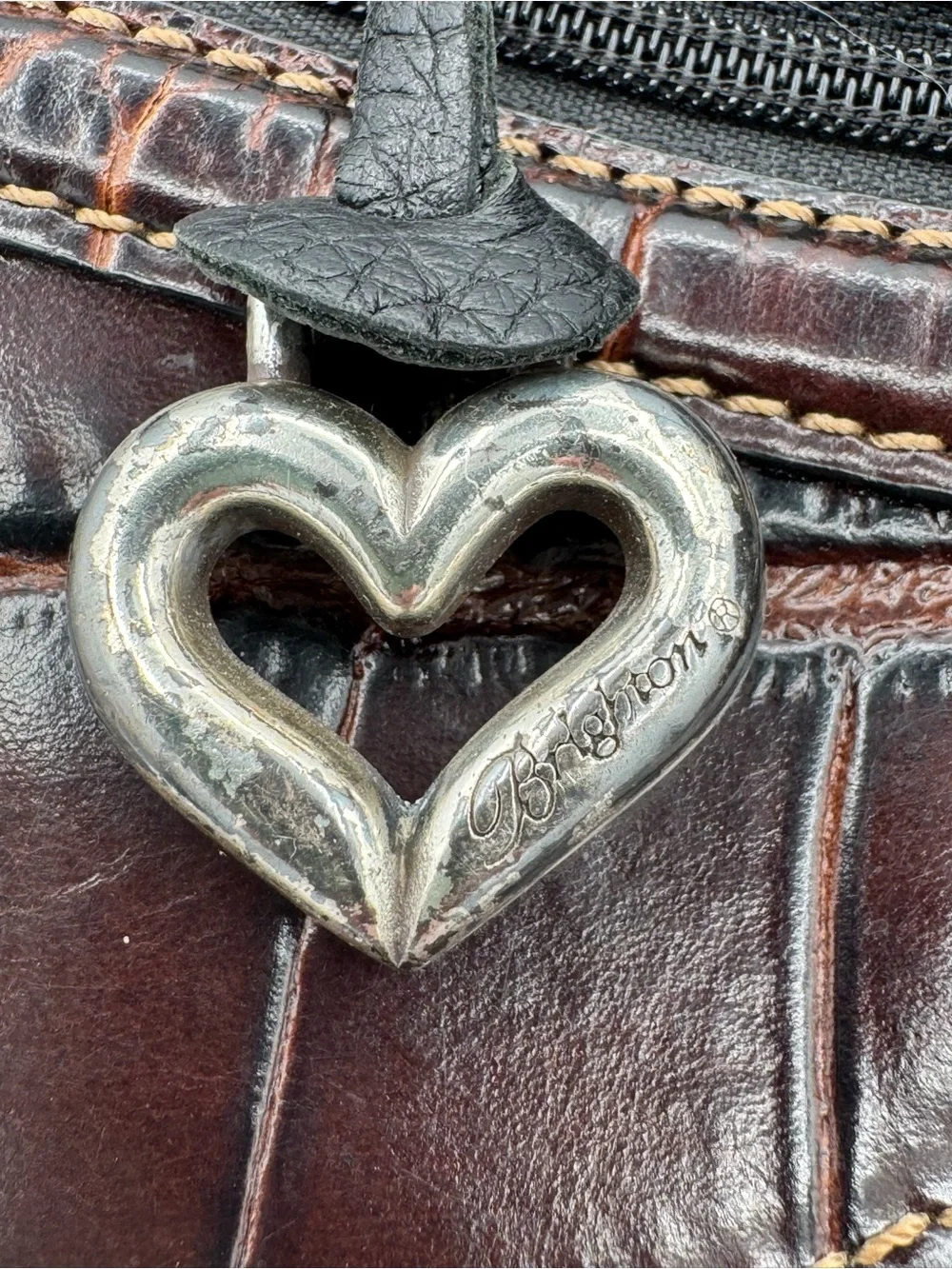 Brighton Vintage Black Leather Croc Embossed Metal Scrollwork Hobo Shoulder Bag